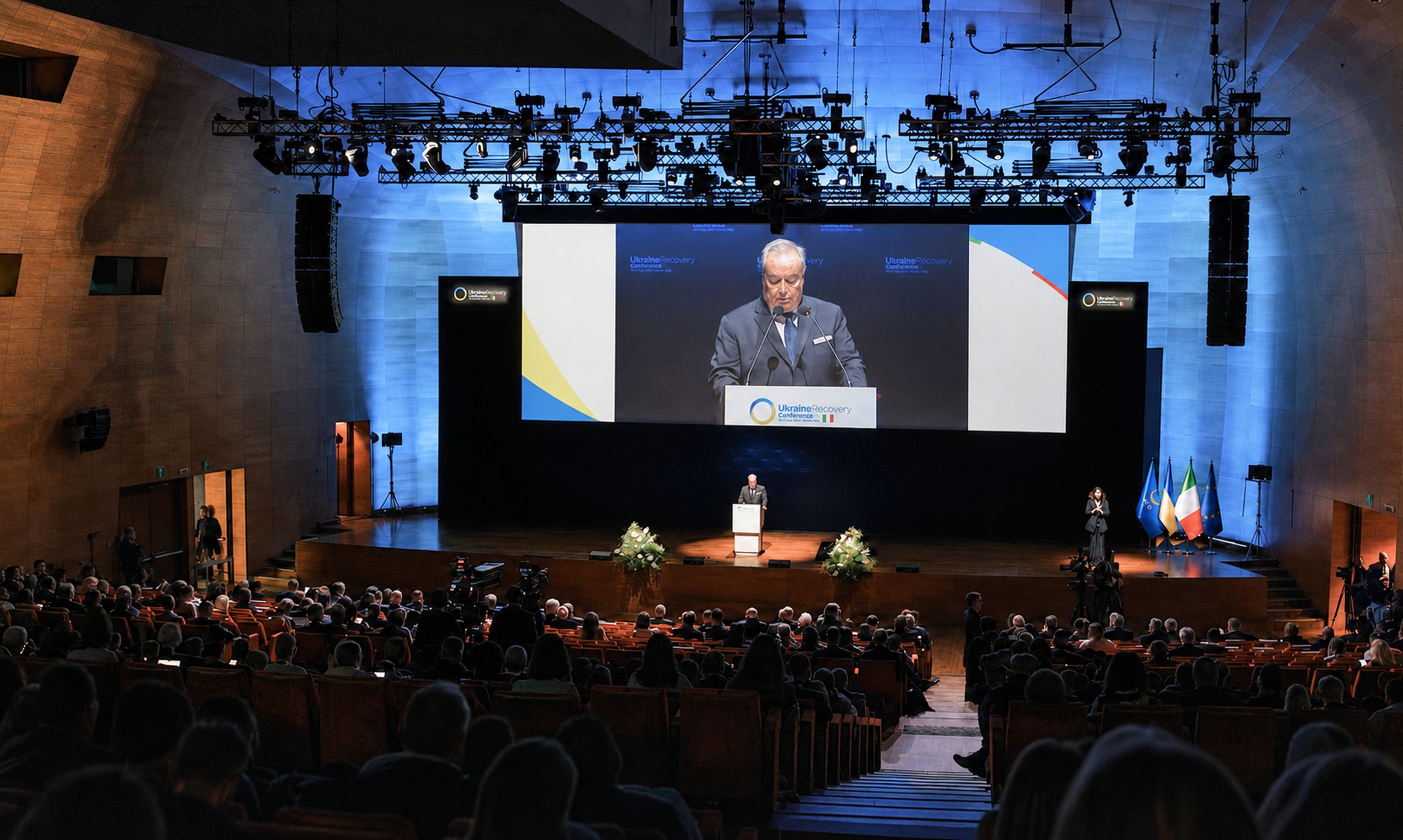 The Ukraine Recovery Conference plenary hall during a speech