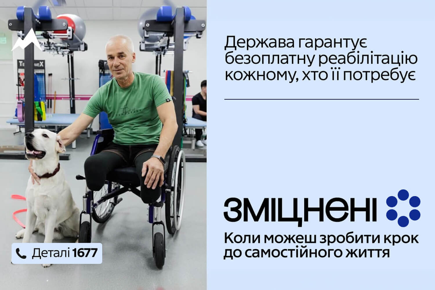 Campaign creative: a man in a wheelchair with a white dog in a gym — the state guarantees free rehabilitation to everyone who needs it